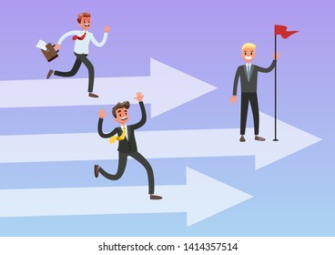 Business people in suit running on competition. Idea of leadership and success. Winner with the red flag. Vector illustration in cartoon style