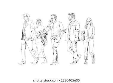 Business people in suit are walking in the city. Sketch, set of  talking, walking, using mobile phone people