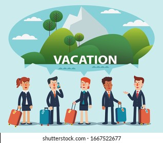 Business people with suitcases. Business travel vector concept. Holidays time, recreation and travel vector design. Mountain landscape background