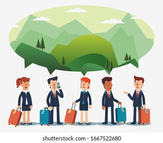 Business people with suitcases. Business travel vector concept. Holidays time, recreation and travel vector design. Mountain landscape background