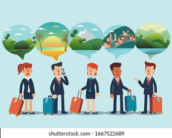 Business people with suitcases. Business travel vector concept. Holidays time, recreation and travel vector design