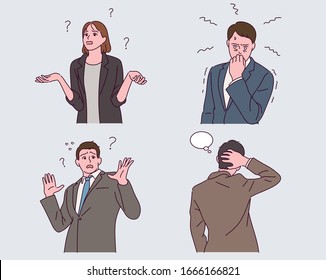 Business people in suits express various emotions. A woman with a curious look with her hands open. Surprised man. Man touching the back hair. hand drawing illustration.