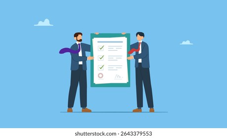 Business people in suits holding a large signed contract. Business agreement, SLA service level agreement, commitment or support contract for uptime, availability or resolution for service problem.