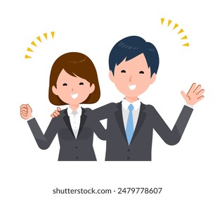 Business people in suits. Smiling and putting their arms around each other's shoulders.