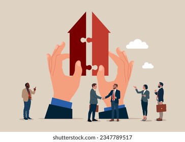 Business people support merging arrows and acquisitions to join for success. Vector illustration.