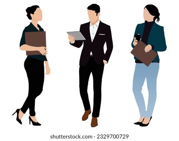 Empresarios Con pestaña, archivo de documento Posición permanente. Imagen vectorial de hombres y mujeres de negocios. Ilustración de personajes de gente de negocios aislada en fondo blanco.