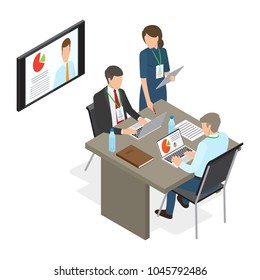 Business people at table deciding working issues. Vector illustration of man working on laptop with diagrams, woman standing at desk, business news showing on plasma TV in office, coaching concept