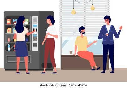 Business people taking coffee break. Girls are buying food from vending machine. Guys sit and communicate. Office employees flat vector illustration. Colleagues spend time in the office together