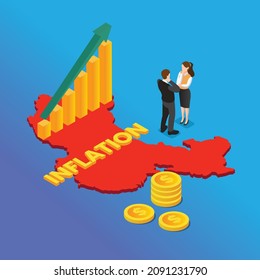 Business people talk over inflation isometric 3d vector concept for banner, website, illustration, landing page, flyer, etc.