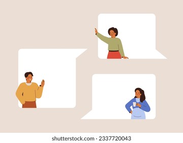 Business People talk or speak via online messages. Man and women chatting via speech bubbles. Web meeting between friends or colleagues. Corporate communication concept. Vector illustration