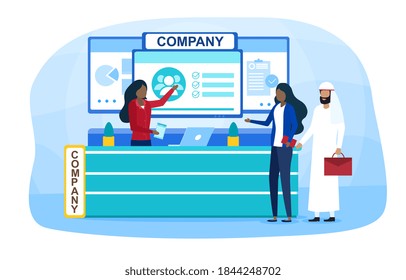 Business People Talking To Company Representative Clerk Standing At Company Trade Show Booth Reception Desk. Tradeshow Business Customers Communication. Advertising Interior. Vector Illustration