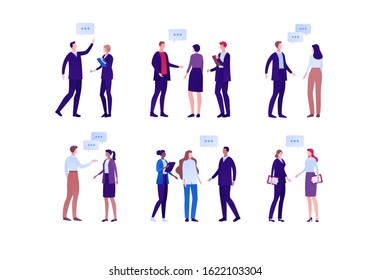 Business people talking concept. Vector flat person illustration set. Group of people discussion with talk bubble symbol. Diverse ethnic. Design element for banner, infographic poster, web background