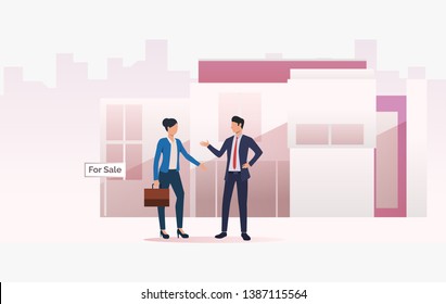Business people talking with house in background. House, realtor, property concept. Vector illustration can be used for topics like business, architecture, real estate