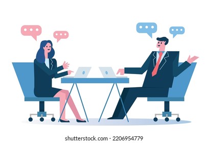Business people talking in meeting room. Business communication, partnership and brainstorming concept. Isolated flat graphic design. vector illustration