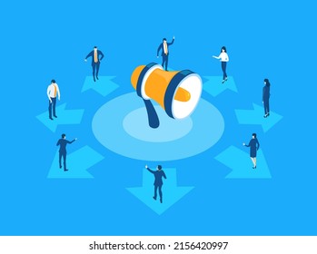 Business people talking next to loudspeaker. Control, support, making strategic decisions, international business.  Isometric working environment, infographic illustration.