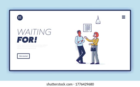 Business people talking in office corridor, template landing page design of workers communication while waiting for meeting. Professionals wait for team meeting. Cartoon linear vector illustration