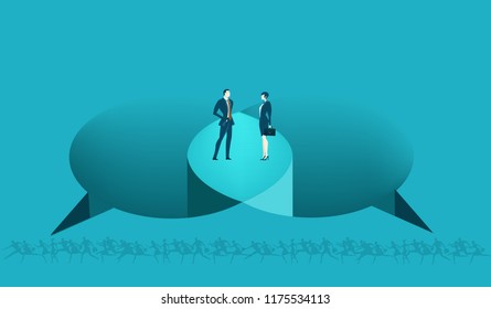 Business people talking on the edge of abstract speech bubbles. Finding solution, working together, help and support concept business illustration. 