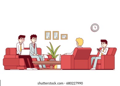 Business people talking and sitting together in meeting room with couch, arm chairs and coffee table. Company hall decoration & furniture. Flat style thin line vector illustration.