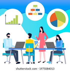 Business people talking and working at computers in office. Staff around table with laptop, tablet pc. Business meeting concept with statistical icons. Brainstorming process, teamwork man and woman