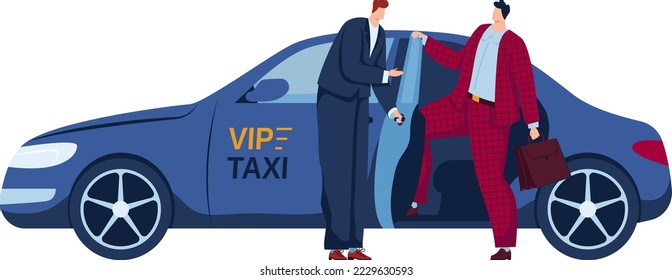 Business people, taxi VIP travel, driver vehicle, isolated on white, transport passenger, design, flat style vector illustration.