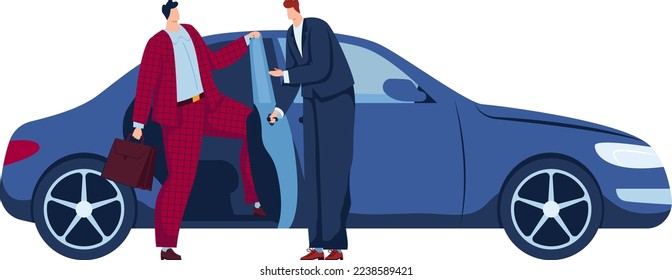 Business people, taxi VIP travel, driver vehicle, isolated on white, transport passenger, design, flat style vector illustration.