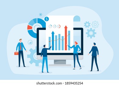 Business People Team Analytics Data And Research On Web Monitoring Report Dashboard Monitor Concept And Finance Investment Graph Report Performance Results With Business Meeting Working Concept