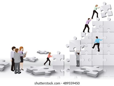 Business People Team Build A Puzzle - Isolated On White Background. Graphic Design Vector Illustration. For Web, Websites, Print Material, Business Concept