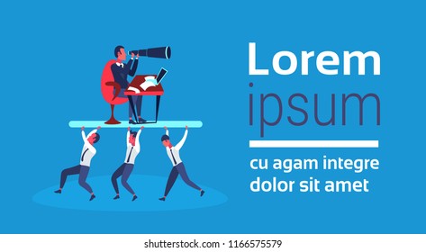 Business people team carry boss looking binocular leadership strategy vision concept businessman cartoon character horizontal copy space flat vector illustration