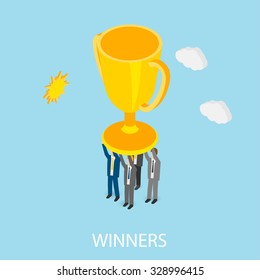 Business people team carrying gold trophy cup, isometric vector illustration. Business award winners with 3d success trophy, achievement and wreath, competition victory winner, gold prize