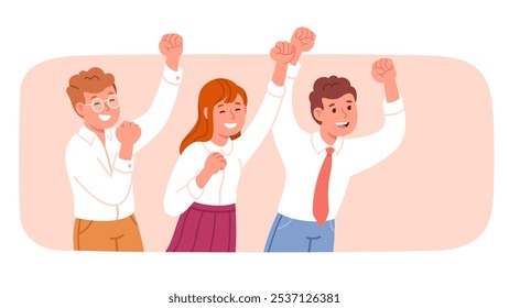 Business people team celebrating success together. Happy woman, men persons raising fists in achievement celebration. Successful businessmen, businesswoman teamwork, victory flat vector illustration 