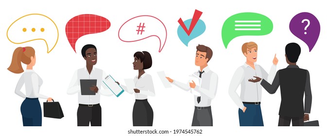 Business people team communication vector illustration. Cartoon businessman and businesswoman characters standing, holding coffee or briefcase, communicating with chat message bubble above head