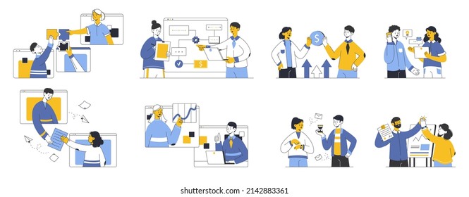 Business people team conversation, discussion and presentation, office workflow. Outline business team, office workers vector symbols illustrations set. Brainstorming and communication