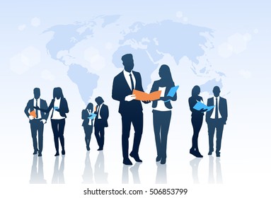 Business People Team Crowd Silhouette Businesspeople Group Hold Document Folders Over World Map Flat Vector Illustration