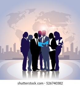 Business People Team Crowd Silhouette Businesspeople Group Hold Document Folder Over World Map Flat Vector Illustration