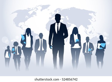 Business People Team Crowd Walk Silhouette Concept Businesspeople Group Human Resources over World Map Background Vector Illustration