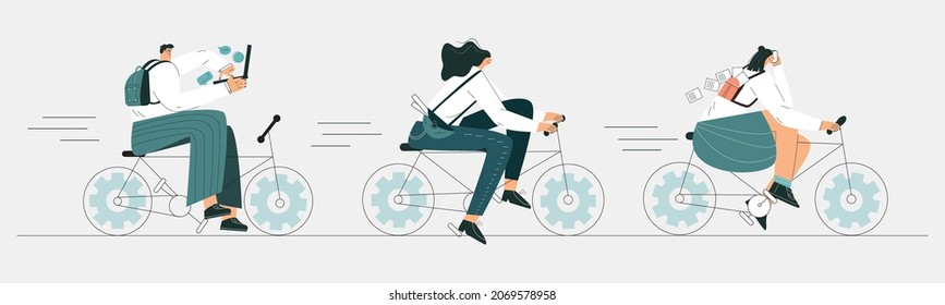 Business people team cycling to work by bike. Urban character riding on bicycle. Employee commuting by ebike to job. Eco healthy city transport concept. Flat vector cartoon illustration banner