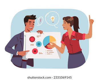 Geschäftsleute diskutieren Diagramm, haben Idee. Mann, Frau arbeiten an der Analyse von Diagrammen, Brainstorming, Planung. Marketingforschung, Teamwork, Strategiekonzept, flache Vektorgrafik 