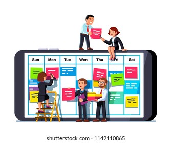 Business people team discussing tasks placing sticky notes on mobile phone screen calendar app week plan schedule table. Business team scheduling plan together. Flat vector teamwork illustration