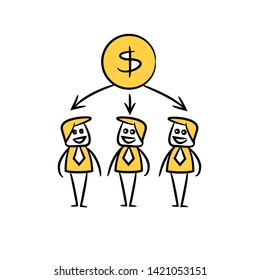 business people team and dollar coin in yellow doodle stick figure