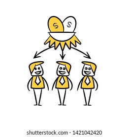 business people team and dollar egg nest in yellow doodle stick figure