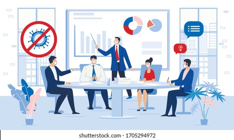 Business People Team in Face Mask Meeting Contemporary Management. Solving Problem, Analyzing Financial Statistics Data Presentation Report after Coronavirus Pandemic on Corporate Briefing, Conference