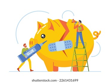 Business People Team Fixing Broken Piggy Bank. Tiny Characters Gather Around Huge Moneybox, Using Tools, Discussing Solution. Concept Of Saving, Teamwork, Problem Solving. Cartoon Vector Illustration