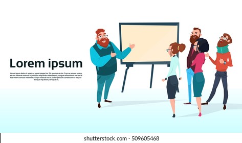 Business People Team With Flip Chart Seminar Training Conference Brainstorming Presentation Financial Graph Flat Vector Illustration