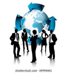 business people team with globe and 3d arrows-vector