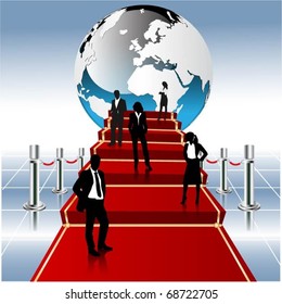 business people team with globe on a red carpet-vector