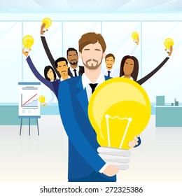 Business People Team Group Idea Concept Hold Light Bulb Flat Vector Illustration