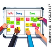 Business people team hands placing sticky notes on planning board. Sticking note on srum task board. Team planner meeting. Scrum task board and teamwork concept. Flat vector isolated illustration