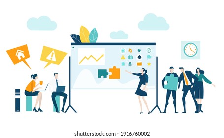 Business people, team having a meeting. People talking in front of screen, discussing the way to develop new project, working together, support and achievement. Business concept illustration