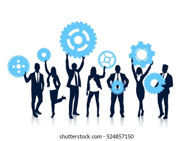 Business People Team Hold Cogwheel Crowd Silhouette Businesspeople Group Human Resources Collaboration Vector Illustration