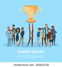 Business People Team Hold Prize Winner Cup, Team Success Concept Flat Vector Illustration